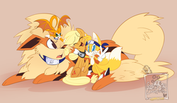 Size: 2073x1210 | Tagged: safe, artist:great9star, applejack, arcanine, g4, bandana, commission, crossover, cute, dust: an elysian tail, eyes closed, fidget (character), group, happy, hug, looking at you, male, miles "tails" prower, naruto, one eye closed, open mouth, pokémon, prone, sitting, smiling, sonic the hedgehog (series), tongue out, wat