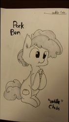 Size: 724x1280 | Tagged: safe, artist:tjpones, oc, oc only, oc:pork bun, earth pony, pony, horse wife, black and white, cheek fluff, eating, grayscale, hoof hold, lineart, male, monochrome, sitting, solo, stallion, text, traditional art
