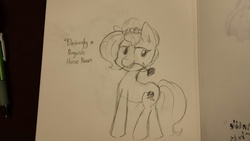 Size: 1280x720 | Tagged: safe, artist:tjpones, oc, oc only, oc:brownie bun, earth pony, pony, horse wife, black and white, descriptive noise, female, flower, flower in mouth, grayscale, horse noises, lineart, mare, meme, monochrome, mouth hold, rose, solo, traditional art
