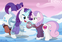 Size: 725x499 | Tagged: safe, artist:brianblackberry, rarity, sweetie belle, pony, unicorn, g4, bottomless, clothes, cute, cutie mark, female, filly, looking at each other, magic, mare, open mouth, partial nudity, prancing, scarf, smiling, the cmc's cutie marks, winter