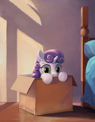 Size: 702x900 | Tagged: dead source, safe, artist:maggwai, sweetie belle, pony, unicorn, g4, behaving like a cat, box, cardboard box, cute, diabetes, diasweetes, female, filly, foal, horn, kitty belle, looking at you, peeking, pony in a box, solo, soon