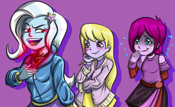 Size: 1134x700 | Tagged: safe, artist:kul, fuchsia blush, lavender lace, trixie, equestria girls, g4, alicorn amulet, alternate clothes, alternate hairstyle, drool, evil grin, female, grin, plewds, red eyes, red eyes take warning, scared, sweat, trio, trio female, trixie and the illusions