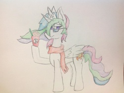 Size: 1280x956 | Tagged: safe, artist:nic-whooves, princess celestia, alicorn, pony, g4, 30 minute art challenge, clothes, coffee, female, food, glasses, scarf, solo, traditional art