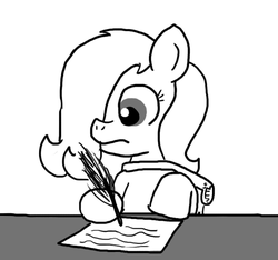 Size: 640x600 | Tagged: safe, artist:ficficponyfic, oc, oc only, oc:emerald jewel, colt quest, child, colt, cyoa, explicit source, femboy, foal, frown, letter, male, quill, story included, trap, worried, writing