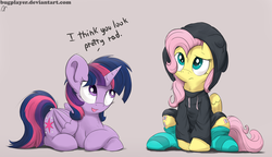 Size: 3000x1725 | Tagged: safe, artist:bugplayer, fluttershy, twilight sparkle, alicorn, pegasus, pony, g4, alternate hairstyle, both cutie marks, bugplayer is trying to murder us, clothes, cute, duo, duo female, female, frown, high res, hoodie, hug life, looking up, mare, messy mane, open mouth, prone, rad, raised eyebrow, shyabetes, sitting, smiling, socks, striped socks, twiabetes, twilight sparkle (alicorn)