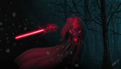 Size: 1944x1111 | Tagged: safe, artist:zigword, trixie, pony, unicorn, g4, alicorn amulet, cloak, clothes, crossover, female, forest, frown, glare, glowing eyes, kylo ren, levitation, lightsaber, looking at you, magic, mare, scenery, sith, slit pupils, snow, snowfall, solo, star wars, telekinesis, weapon