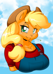 Size: 800x1129 | Tagged: safe, artist:chalodillo, artist:ustudioss, applejack, earth pony, anthro, g4, bust, clothes, colored pupils, female, solo