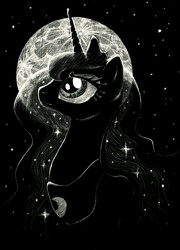 Size: 979x1359 | Tagged: safe, artist:dracontiar, princess luna, alicorn, pony, g4, female, mare, monochrome, moon, night, solo, stars, traditional art