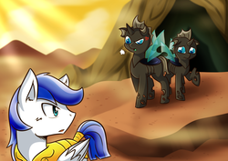 Size: 1131x800 | Tagged: safe, artist:vavacung, changeling, pegasus, pony, comic:caught between lust and love, g4, angry, blushing, cave, cross-popping veins, desert, emanata, female changeling, looking back, male, royal guard, sad, stallion
