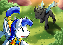 Size: 1131x800 | Tagged: safe, artist:vavacung, changeling, pegasus, pony, comic:caught between lust and love, g4, armor, crying, female changeling, male, royal guard, scared, stallion, surprised, wings