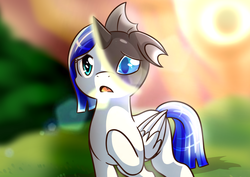 Size: 1131x800 | Tagged: safe, artist:vavacung, changeling, pegasus, pony, comic:caught between lust and love, g4, disguise, disguised changeling, fangs, female changeling, foal, sun, sunset, transformation