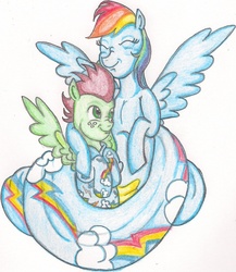 Size: 1048x1205 | Tagged: safe, artist:thegloriesbigj, rainbow dash, oc, oc:northern haste, lamia, original species, g4, clothes, hug, lamiafied, northash, pajamas, rainbow coils, request, species swap, traditional art