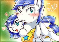 Size: 1131x800 | Tagged: safe, artist:vavacung, changeling, pegasus, pony, comic:caught between lust and love, g4, armor, awkward, blushing, disguise, disguised changeling, female changeling, foal, happy, hug, ponies riding ponies, riding, signature, sweatdrop, wings