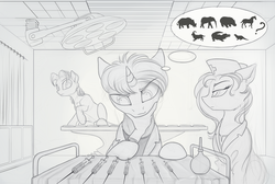 Size: 1600x1078 | Tagged: safe, artist:yakovlev-vad, oc, oc only, oc:wit ray, earth pony, pony, unicorn, artificial hands, chin scratch, clothes, curtains, doctor, eyelashes, female, hand, hoof hold, lab coat, male, mare, medic, monochrome, nurse, raised hoof, stallion, suspicious, syringe, thought bubble