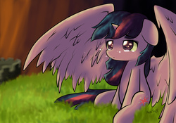 Size: 2000x1400 | Tagged: safe, artist:arielsbx, twilight sparkle, alicorn, pony, g4, crying, female, floppy ears, mare, sitting, solo, spread wings, twilight sparkle (alicorn)