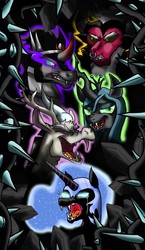 Size: 600x1031 | Tagged: safe, artist:cinder42, discord, king sombra, lord tirek, nightmare moon, queen chrysalis, g4, antagonist, black vine, sharp teeth