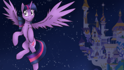 Size: 1366x768 | Tagged: safe, artist:kislysenpai, twilight sparkle, alicorn, pony, g4, canterlot, female, flying, mare, solo, twilight sparkle (alicorn)