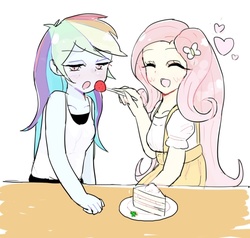 Size: 542x516 | Tagged: safe, artist:nemucure, fluttershy, rainbow dash, equestria girls, g4, blushing, cake, clothes, dress, feeding, food