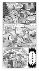 Size: 665x1213 | Tagged: safe, artist:pencils, limestone pie, marble pie, maud pie, oc, oc:anon, earth pony, human, pony, comic:anon's pie adventure, g4, comic, crash, female, human male, male, mare, mouth hold, oh shi-!, running, this will end in pain, unconscious