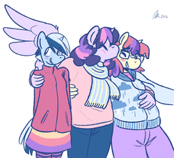 Size: 1280x1163 | Tagged: safe, artist:rwl, minuette, moondancer, twilight sparkle, anthro, g4, blushing, chubby, clothes, fat, female, height difference, holding hands, kissing, lesbian, moonblubber, ot3, polyamory, ship:moonuette, ship:twidancer, ship:twinuette, shipping, twilard sparkle, twilight sparkle (alicorn), twilight sparkle gets all the mares, twinudancer, wingboner