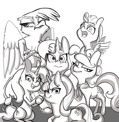 Size: 972x998 | Tagged: safe, artist:helloiamyourfriend, artist:yourfriendsalamisalamander, gilda, lightning dust, starlight glimmer, sunset shimmer, suri polomare, trixie, griffon, pony, g4, 3:, alternate mane six, antagonist, antagonist six, bipedal, clothes, crossed arms, female, frown, grin, mane six opening poses, monochrome, open mouth, prone, scarf, smiling, smirk, spread wings, villain six, wide eyes
