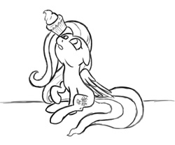 Size: 800x666 | Tagged: safe, artist:slamjam, fluttershy, g4, balancing, cupcake, female, food, monochrome, ponies balancing stuff on their nose, solo