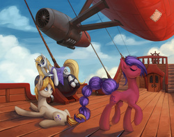 Size: 1920x1515 | Tagged: safe, artist:asimos, scorpio (g4), oc, oc:ariel radiance, oc:bay 'wave' janet, earth pony, pony, g4, airship, bonne jenet, female, mare, pirate, ponyscopes, scorpio, trio, zodiac