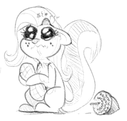 Size: 389x370 | Tagged: safe, artist:whydomenhavenipples, fluttershy, squirrel pony, g4, acorn, crying, female, grayscale, head lump, monochrome, nuttershy, peanut, simple background, solo, species swap, squirrelification, throwing things at fluttershy