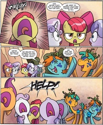Size: 1295x1561 | Tagged: safe, artist:agnesgarbowska, idw, official comic, apple bloom, diamond tiara, scootaloo, silver spoon, snails, snips, sweetie belle, earth pony, pegasus, pony, unicorn, g4, spoiler:comic, spoiler:comic38, butt bump, butt to butt, butt touch, colt, comic, cutie mark crusaders, female, filly, foal, male, speech bubble