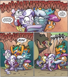 Size: 1295x1459 | Tagged: safe, artist:agnes garbowska, idw, official comic, apple bloom, diamond tiara, scootaloo, silver spoon, snails, snips, sweetie belle, bear, earth pony, pegasus, pony, unicorn, g4, spoiler:comic, spoiler:comic38, bag, binoculars, colt, comic, cutie mark crusaders, female, filly, foal, male, roar, saddle bag, speech bubble