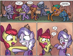 Size: 1297x1000 | Tagged: safe, artist:agnes garbowska, idw, official comic, apple bloom, diamond tiara, scootaloo, silver spoon, snails, snips, sweetie belle, earth pony, pegasus, pony, unicorn, friendship is magic #38, g4, spoiler:comic, bag, binoculars, bipedal, celebration, colt, comic, cropped, cutie mark crusaders, female, filly, foal, male, saddle bag, speech bubble