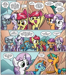 Size: 1309x1480 | Tagged: safe, artist:agnes garbowska, idw, official comic, apple bloom, diamond tiara, scootaloo, silver spoon, snails, snips, sweetie belle, earth pony, pony, unicorn, g4, spoiler:comic, spoiler:comic38, bag, binoculars, colt, comic, cutie mark crusaders, female, filly, foal, male, saddle bag, speech bubble