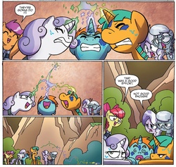 Size: 1321x1254 | Tagged: safe, artist:agnes garbowska, idw, official comic, apple bloom, diamond tiara, scootaloo, silver spoon, snails, snips, sweetie belle, earth pony, pony, unicorn, g4, spoiler:comic, spoiler:comic38, bag, binoculars, colt, comic, cutie mark crusaders, female, filly, foal, magic, magic aura, male, saddle bag, speech bubble