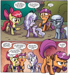 Size: 1346x1438 | Tagged: safe, artist:agnesgarbowska, idw, official comic, apple bloom, diamond tiara, scootaloo, silver spoon, sweetie belle, earth pony, pegasus, pony, unicorn, g4, spoiler:comic, spoiler:comic38, bag, binoculars, comic, cutie mark crusaders, female, filly, foal, saddle bag, speech bubble