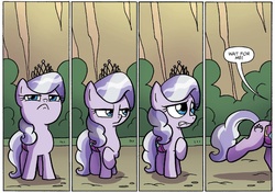 Size: 1316x928 | Tagged: safe, artist:agnes garbowska, idw, official comic, diamond tiara, earth pony, pony, friendship is magic #38, g4, my little pony: friendship is magic (idw), spoiler:comic, bag, comic, cropped, female, filly, foal, saddle bag, solo, speech bubble, tsundere