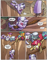 Size: 1321x1682 | Tagged: safe, artist:agnesgarbowska, idw, official comic, apple bloom, diamond tiara, scootaloo, silver spoon, snails, snips, sweetie belle, earth pony, pegasus, pony, unicorn, g4, spoiler:comic, spoiler:comic38, bag, cliff, colt, comic, cutie mark crusaders, damsel in distress, female, filly, foal, male, saddle bag, speech bubble, tree branch