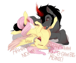 Size: 2400x2000 | Tagged: safe, artist:evehly, fluttershy, king sombra, colored wings, colored wingtips, couple, cute, female, licking, male, shipping, shyabetes, sombrashy, straight, tickling, tongue out