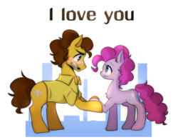Size: 1024x801 | Tagged: dead source, safe, artist:lessue, cheese sandwich, pinkie pie, earth pony, pony, g4, blushing, canon ship, clothes, eye contact, female, holding hooves, i love you, male, open mouth, ship:cheesepie, shipping, shirt, simple background, straight