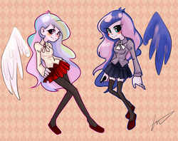 Size: 1280x1013 | Tagged: safe, artist:lessue, princess celestia, princess luna, principal celestia, vice principal luna, equestria girls, g4, blushing, clothes, duo, floating wings, glasses, miniskirt, pantyhose, pleated skirt, shoes, sisters, skirt, socks, stockings, thigh highs, thigh socks, wings, zettai ryouiki