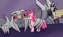 Size: 1117x670 | Tagged: safe, artist:pvtpuma, pinkie pie, g4, hot nuts, megatron, starscream, transformers, transformers prime