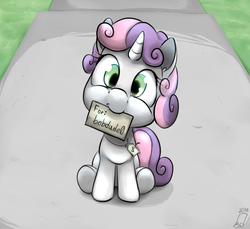 Size: 626x573 | Tagged: safe, artist:blastdown, sweetie belle, g4, female, mouth hold, price tag, solo