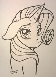 Size: 1225x1651 | Tagged: safe, artist:latecustomer, rarity, semi-anthro, g4, female, floppy ears, frown, lineart, looking at you, looking back, monochrome, sad, solo, traditional art