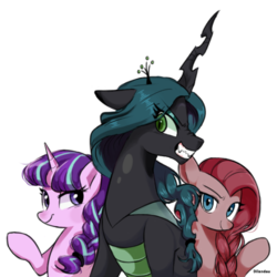 Size: 540x540 | Tagged: safe, artist:dilandau203, pinkie pie, queen chrysalis, starlight glimmer, changeling, changeling queen, earth pony, pony, unicorn, g4, alternate hairstyle, braid, female, grin, mare, pinkamena diane pie, raised hoof, signature, simple background, sitting, slit pupils, smiling, smirk, trio, white background