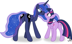Size: 7244x4449 | Tagged: safe, artist:infinitoa, princess luna, twilight sparkle, alicorn, pony, g4, 2013, absurd resolution, bedroom eyes, boop, both cutie marks, butt, ethereal hair, ethereal mane, ethereal tail, eye contact, eyeshadow, female, folded wings, lesbian, lidded eyes, looking at each other, looking at someone, makeup, mare, missing accessory, moonbutt, nose wrinkle, noseboop, plot, ship:twiluna, shipping, simple background, smiling, sparkly mane, sparkly tail, starry mane, starry tail, tail, transparent background, twibutt, twilight sparkle (alicorn), vector, wings