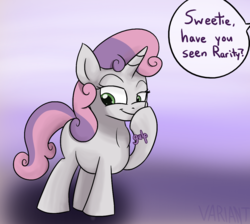 Size: 1139x1021 | Tagged: safe, artist:variant, rarity, sweetie belle, pony, unicorn, g4, dialogue, female, fetish, filly, filly pred, implied rarity, mare prey, micro, rariprey, sibling vore, smug, swallowing, sweetiepred, throat bulge, vore