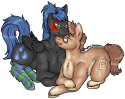 Size: 678x538 | Tagged: safe, artist:applejackery, oc, oc only, oc:reiku, oc:superglue, clothes, neck nuzzle, nuzzling, snuggling, socks, striped socks