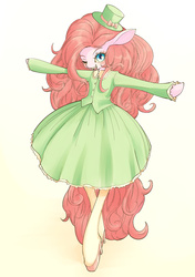 Size: 2039x2894 | Tagged: safe, artist:unousaya, pinkie pie, earth pony, pony, semi-anthro, g4, arm hooves, bipedal, clothes, dress, female, hat, high heels, high res, one eye closed, solo, top hat, wink
