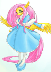Size: 2039x2894 | Tagged: safe, artist:unousaya, fluttershy, anthro, semi-anthro, g4, arm hooves, bipedal, clothes, cute, dress, female, high res, shyabetes, solo
