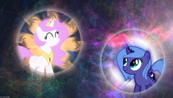 Size: 1920x1080 | Tagged: safe, artist:animerge, artist:mrfoxington, artist:serenawyr, princess celestia, princess luna, g4, cewestia, eyes closed, filly, nebula, pink-mane celestia, smiling, vector, wallpaper, woona, younger