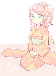 Size: 522x715 | Tagged: safe, artist:nemucure, fluttershy, equestria girls, g4, clothes, female, flower, flower in hair, furisode, kimono (clothing), seiza, sitting, solo